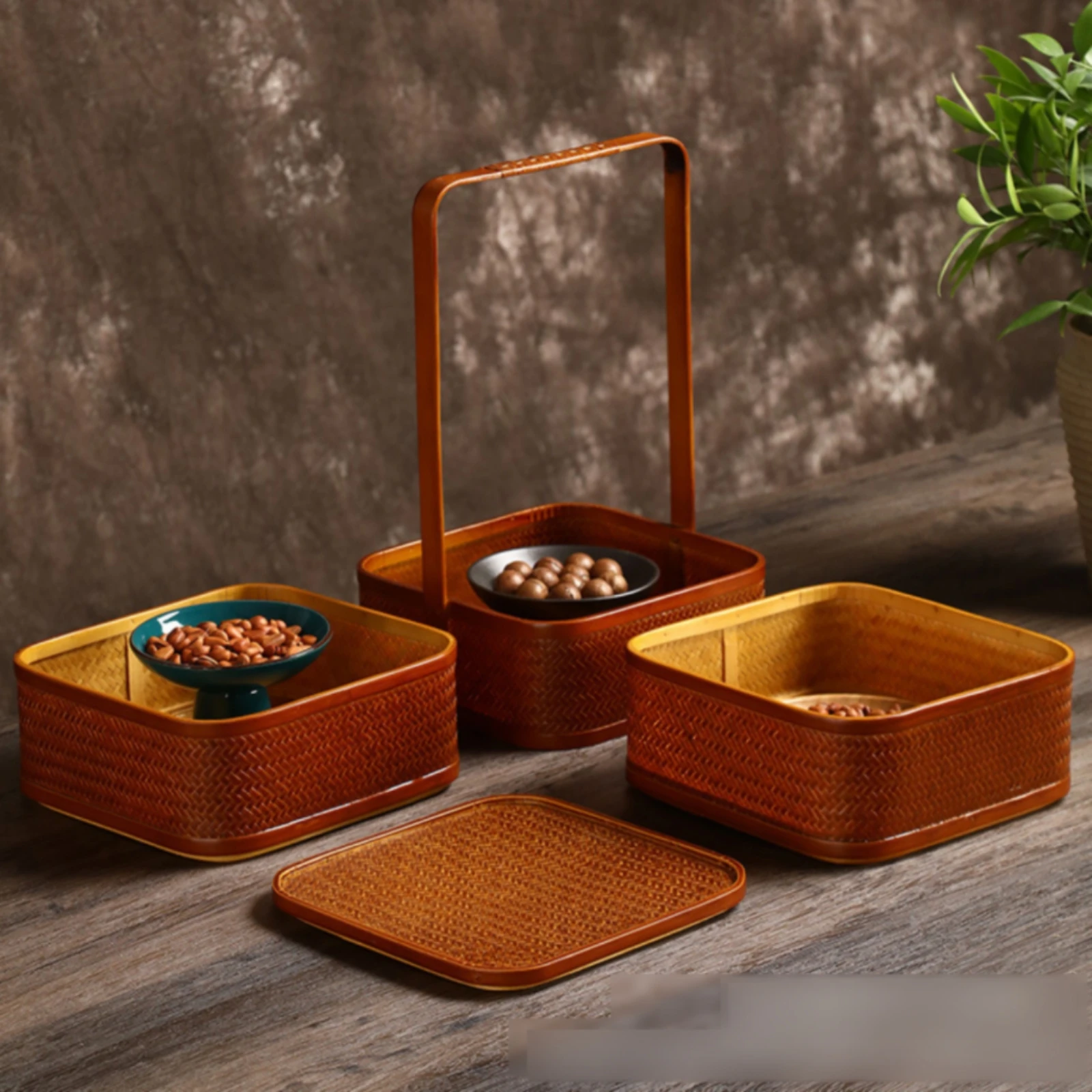 Three-Tier Carrying Box Handmade Woven Box with Handle Bamboo Storage Basket with Lid Vintage Storage Basket with Lid Compact