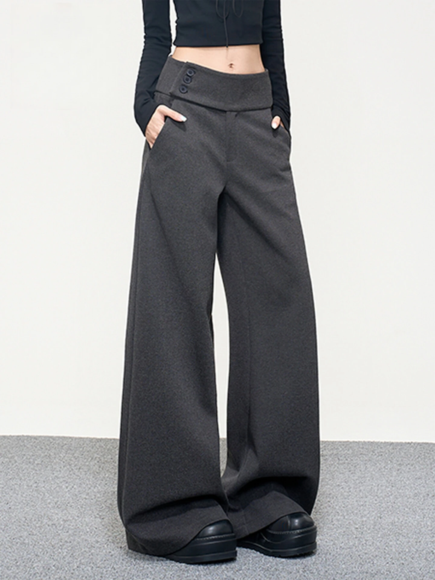 

Шерстяные брюки-палаццо женские осенне-зимние с высокой талией, драпировкой и боковыми пуговицами, свободные повседневные брюки