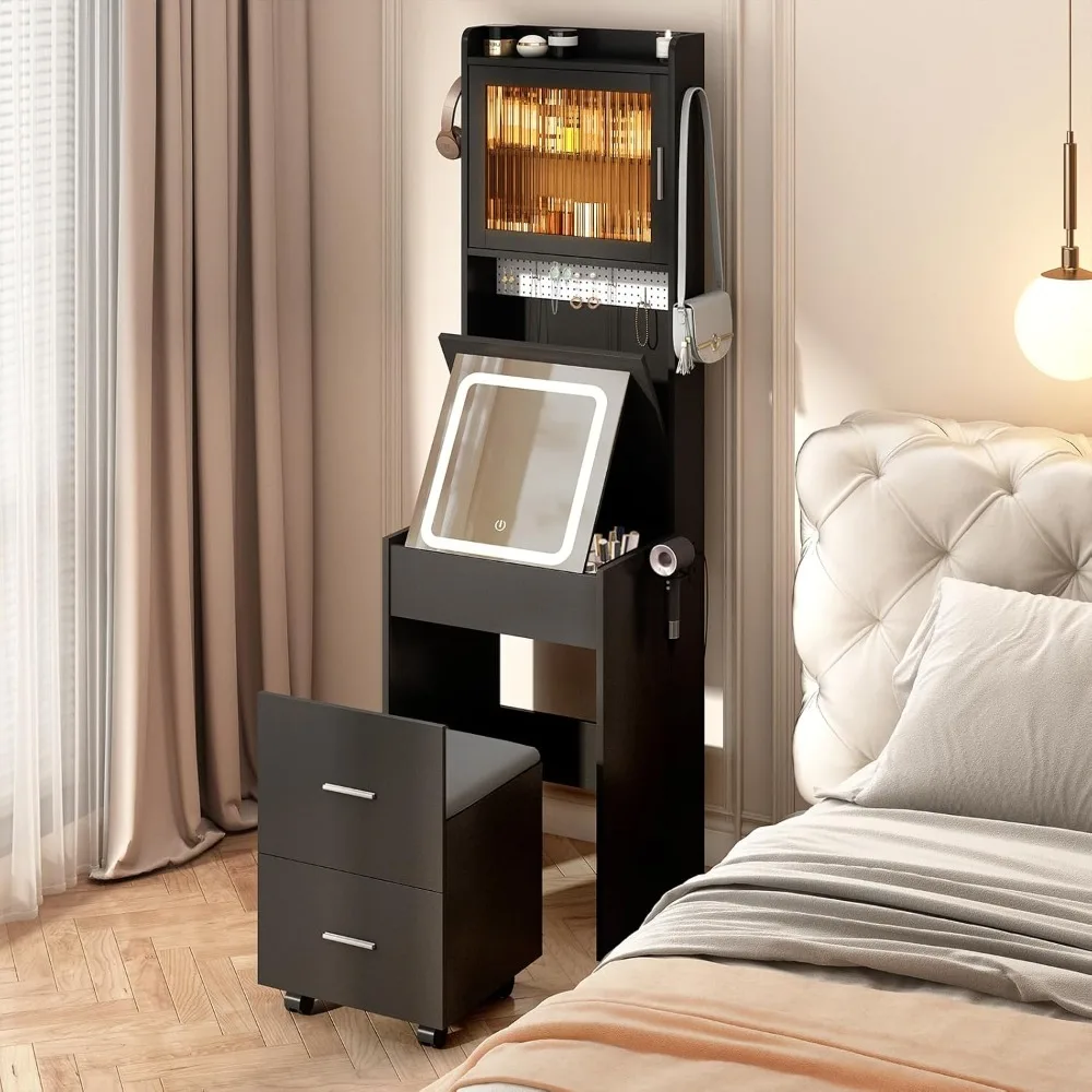 

3 in 1 Vanity Desk with Fold-up Panel Lighted Mirror, Small Vanity Table Set with Hidden Storage Stool Charging