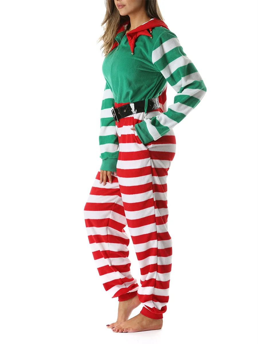 Women\'s Christmas Pajamas Romper Long Sleeve Zip Up Hooded Jumpsuit Sleepwear Holiday Costume