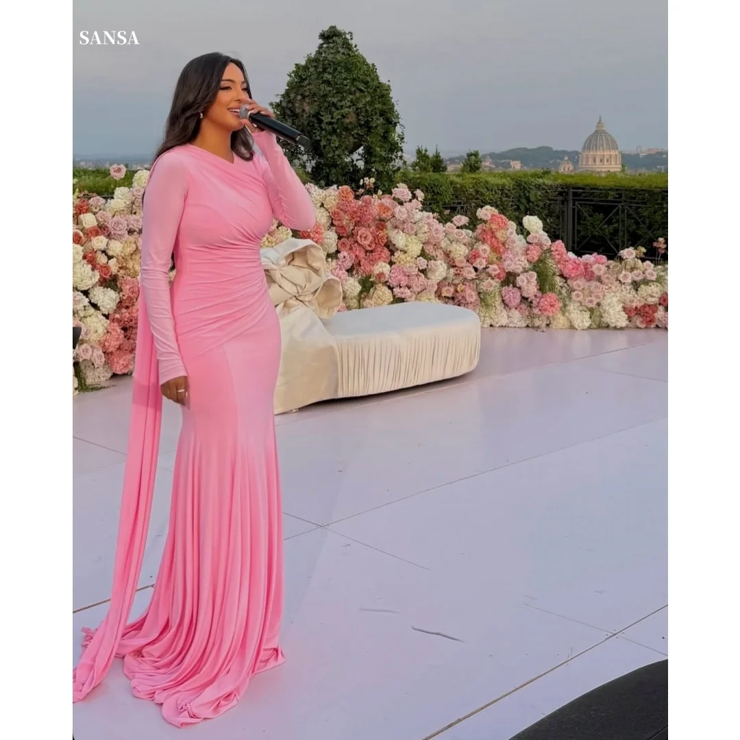 

Sansa Customized Pink Long Silk Scarves Prom Dresses Long Sleeves فساتين للمناسبات الخاصة Floor-Length vestidos de festa 2025