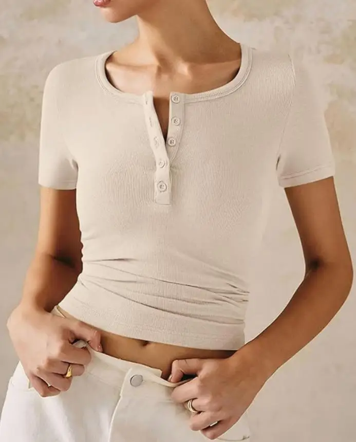 Top Women 2025 Spring New Solid Color V-Neck Short Sleeve Tops Casual Button Up Ribbed Knit Slim Fit Daily T-Shirt Y2K Tops