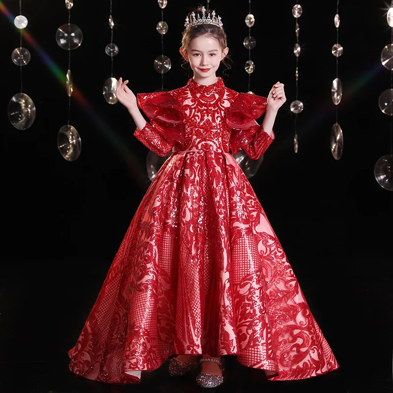 Girls' Tail Dress Princess Dress Red Piano Performance Dress Little Girl Catwalk Children's Host Fashionable Spring