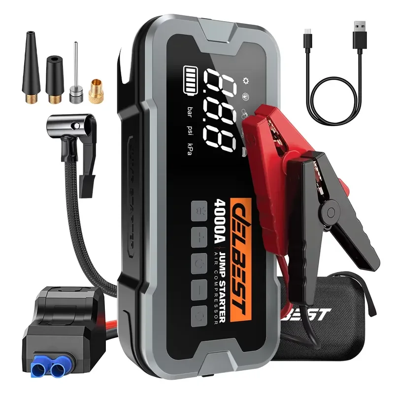 12V vehicle emergency start power supply 2000A/4000A peak power, 24000mAh lithium battery, 150PSI air pump, 65W Type-C PD, 3