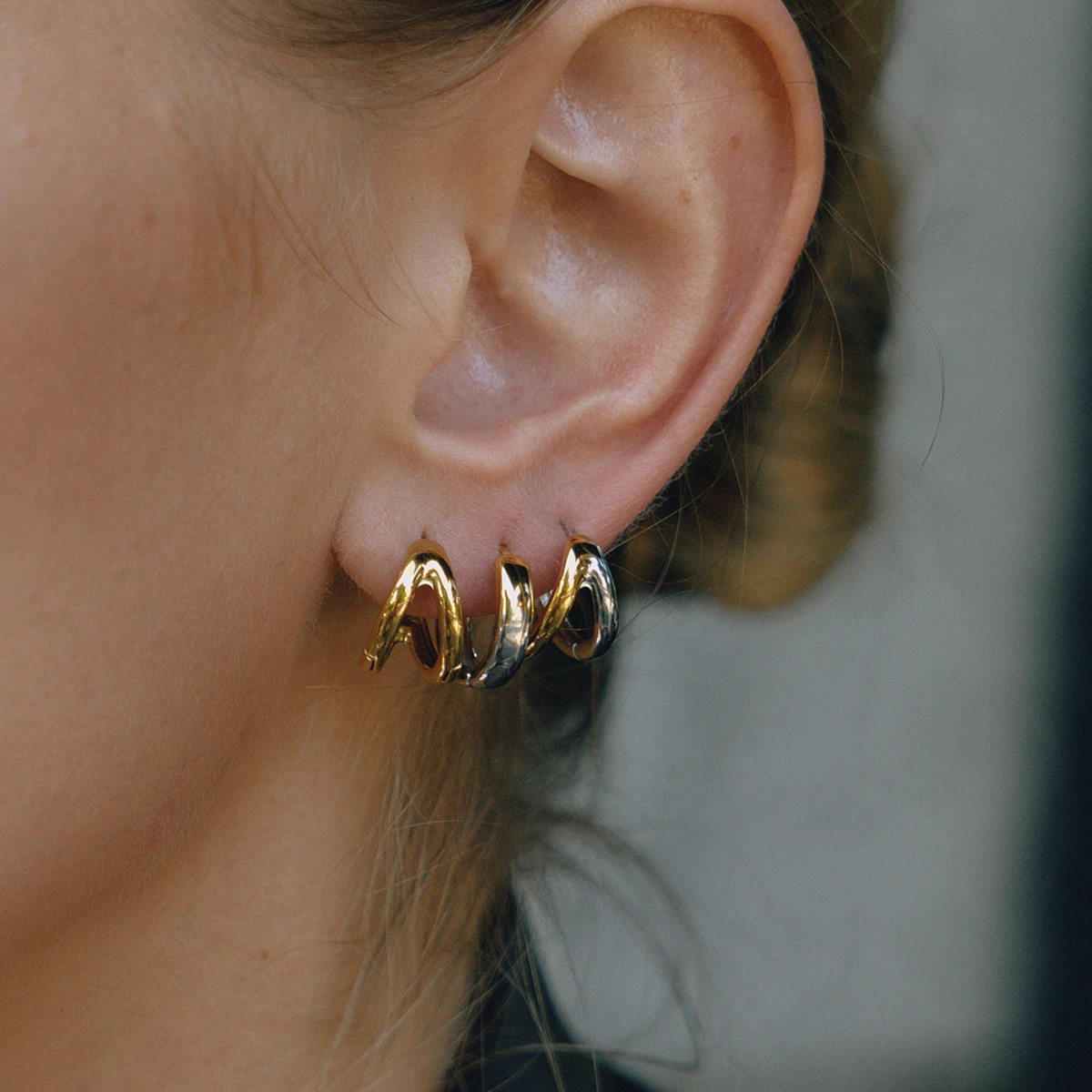 

AIKOER Minimalist 18K Gold Color Plated Stainless Steel Double Color Hollow Earrings with Stackable Lines for Women's Jewelry