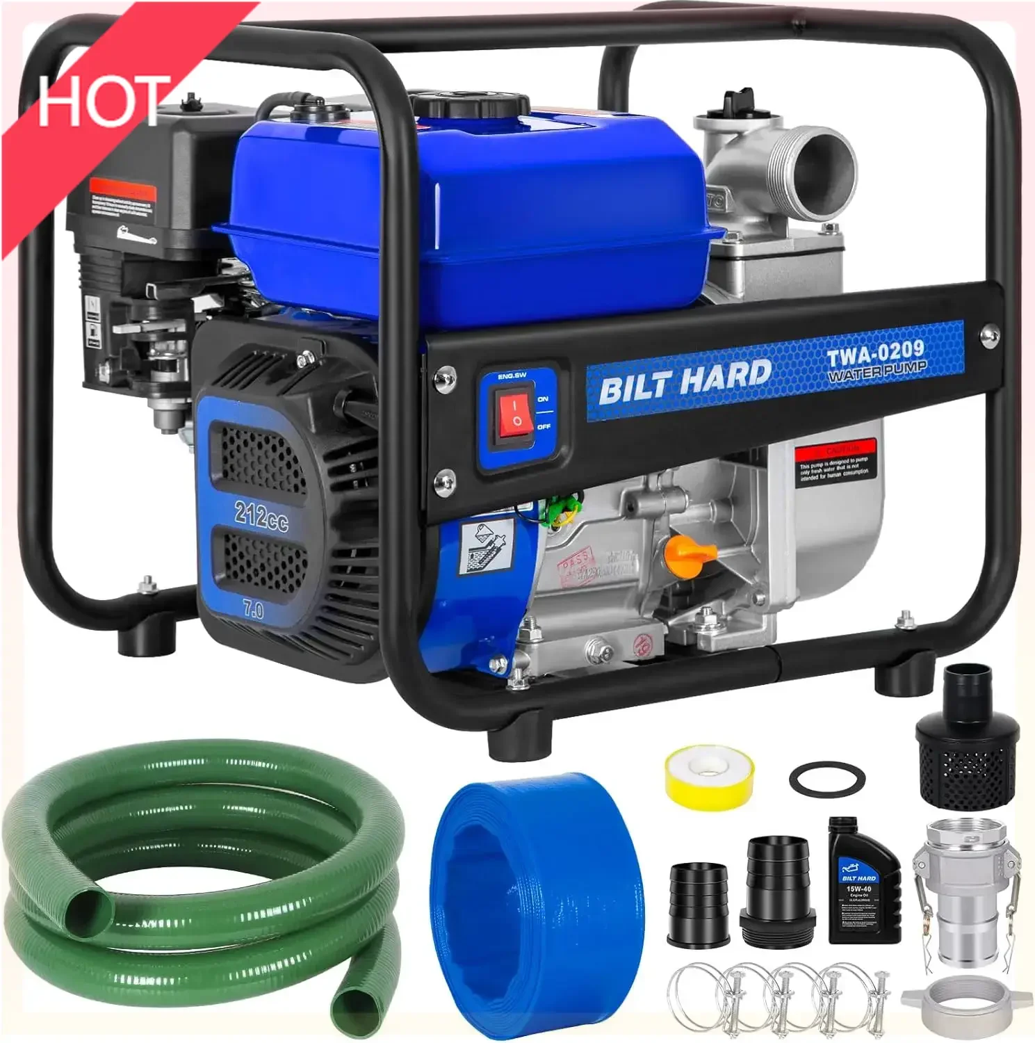 

2 inch, 158 GPM 7HP Gas Powered Water Pump, 212cc 4-Cycle Engine with 50 ft Discharge Hose, 12 Suction Hose