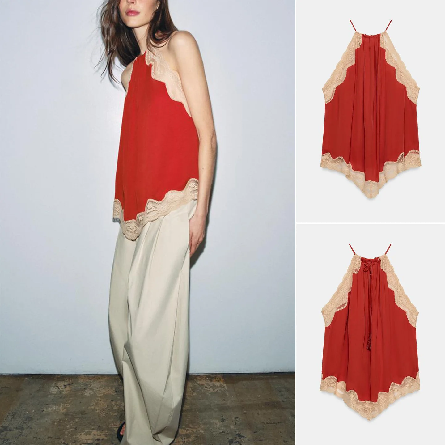 Summer New Women's Casual Style Color Block Lace Decoration Asymmetrical Hemline Neck Hanging Top Fashionable Slim Fit Polyes...