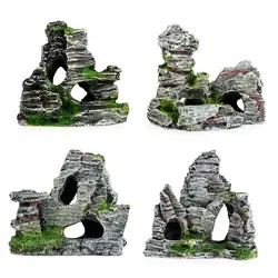 Vivid Aquarium Rockery Decoration Fish Tank Resin Mountain View Stone Ornament Fish Hiding Cave Stone Decor with Moss