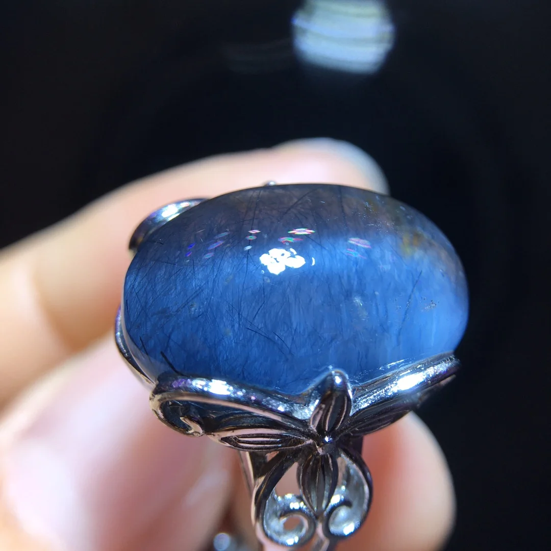 

Natural Blue Rutilated Ring Flower Adjustable 18.3/12.1mm Woman Men Ring Rutilated Quartz Jewelry AAAAAAA