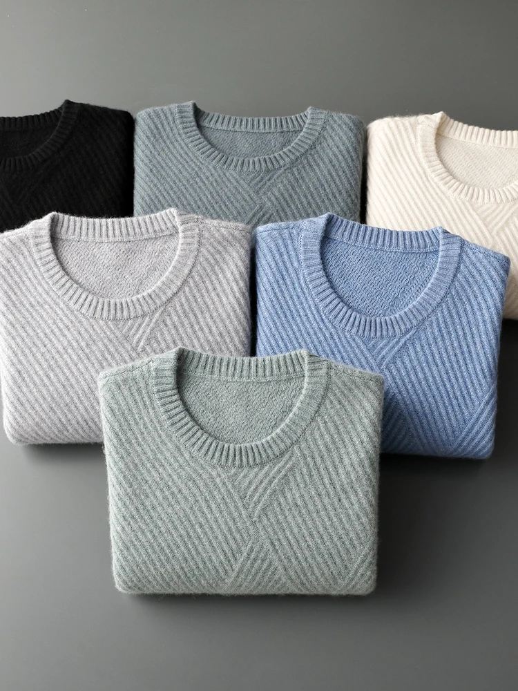 Autumn Winter Men's O-neck Pullovers Sweater 100% Goat Cashmere Knitwear Twist Flower Thick Long Sleeve Business Casual Warm Top