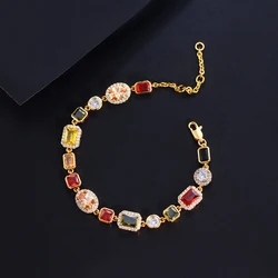 CWWZircons Beautiful Multi Shape Colorful Cubic Zirconia Link Chain Bracelets for Women Adjustable Trendy Hand Jewelry CB353