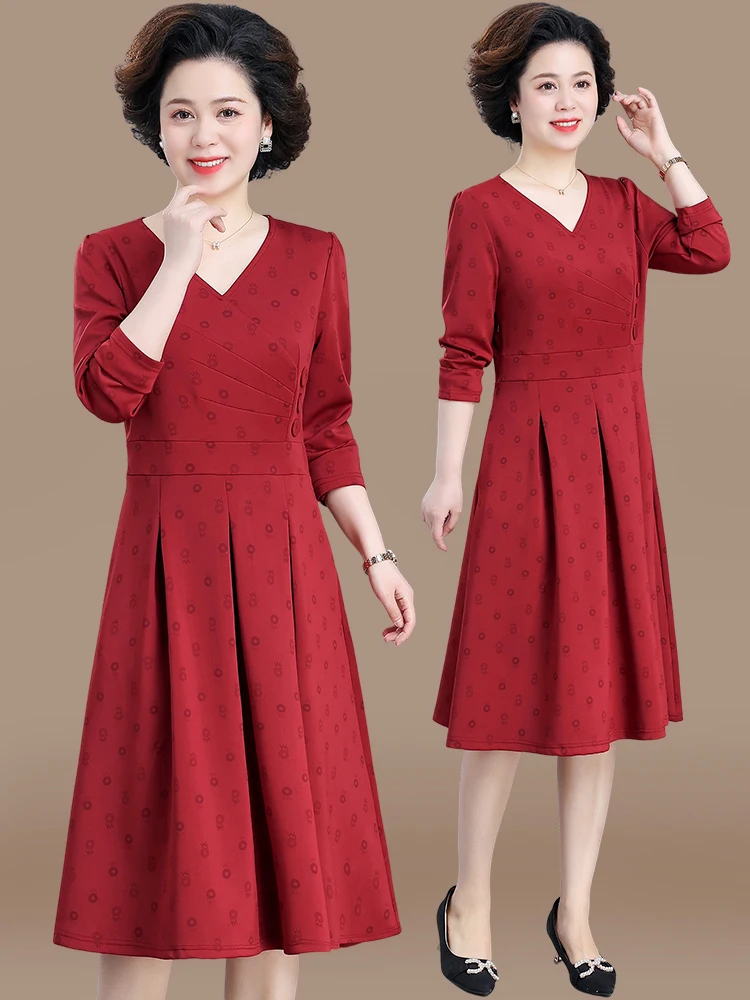 

Spring Faion Red Long Dr Women's Midi Dr Wedding Celebration Mother-in-law Dr Sli Mom Spring Clothing