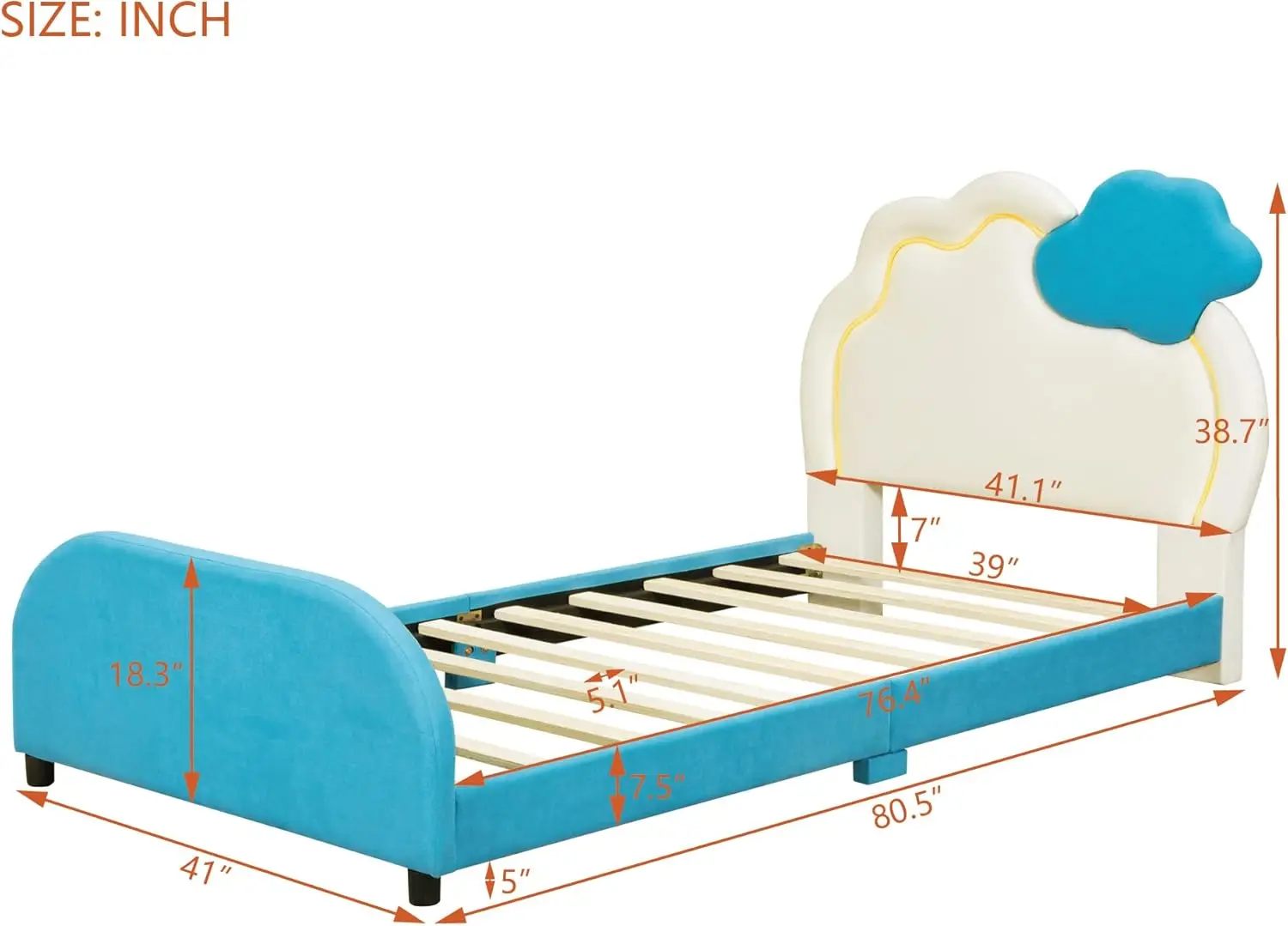 Twin Size Upholstered Platform Bed with Cloud-Shaped Headboard and Embedded Light Stripe, Velvet Upholstered Bed Frame