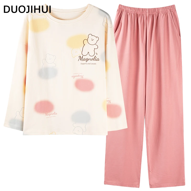 DUOJIHUI-Pijama informal con almohadilla para el pecho para mujer, jersey de cuello redondo, pantalón Simple suelto, Conjunto de pijama femenino a la moda, otoño