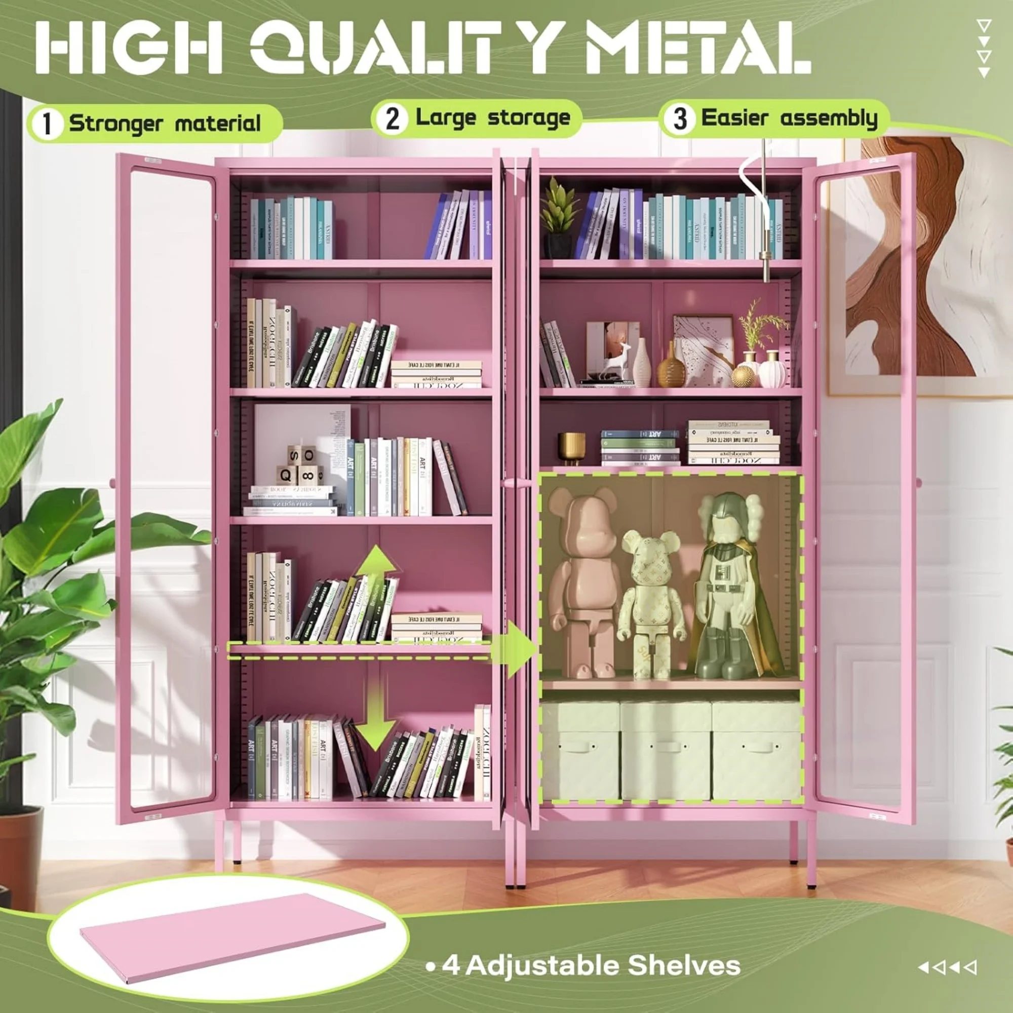 67" Metal Glass Display Cabinet, Storage Cabinet for Collectibles, Curio, China, Books, Display Case with Glass Doors and 4 Adjustable Shelves for Home Office, Living Room, Pantry (P - view 4
