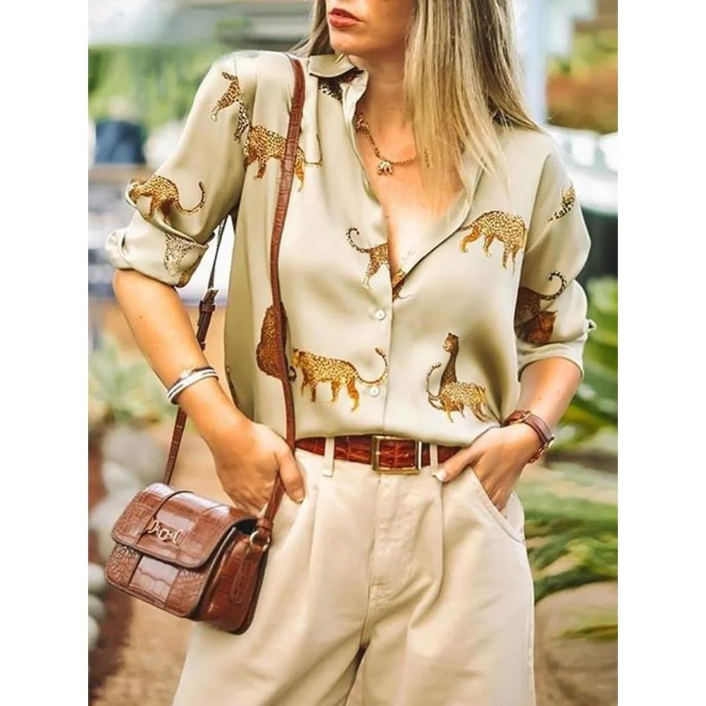 

Женская повседневная блузка с леопардовым принтом, офисный модный топ, женский хлопок, 00% лето 2023, Новое поступление, женская одежда Ele
