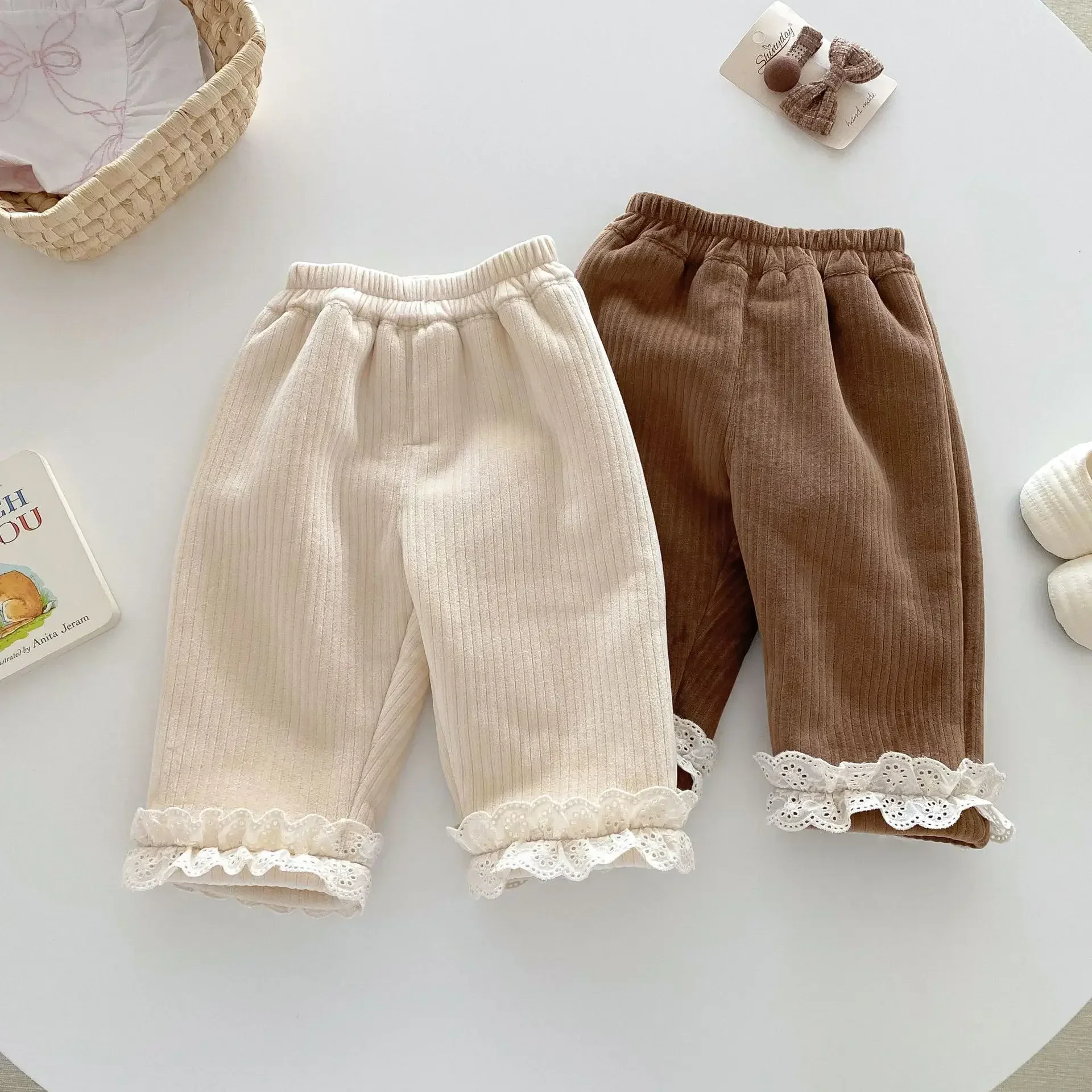 

2024 Winter New in Kids Baby Girls Corduroy Thicken Ruched Straight Pants , Toddler Infant Solid Color Casual Clothing 3M-5Y