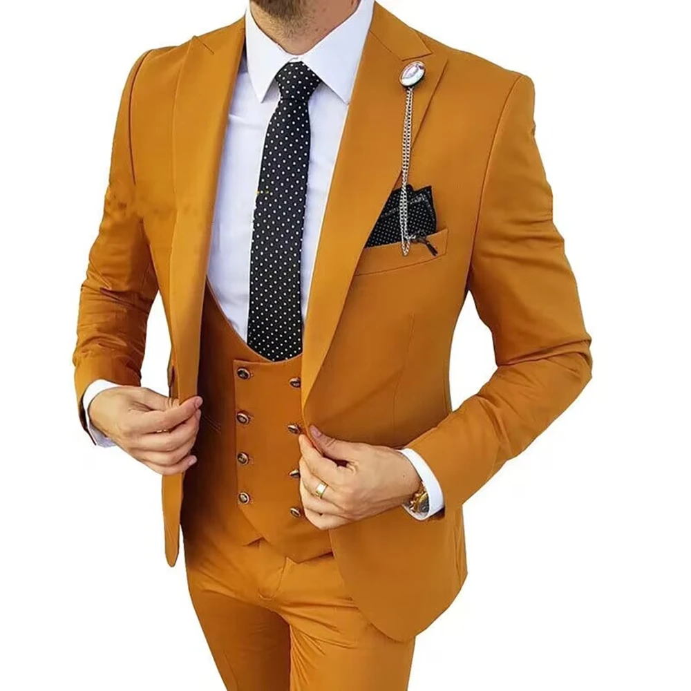 Formal Men Suits for Wedding Party Business Orange Peak Lapel Slim Fit 3PCS Groom Tuxedo(Blazer+Vest+Pants)Fashion Costume Homme