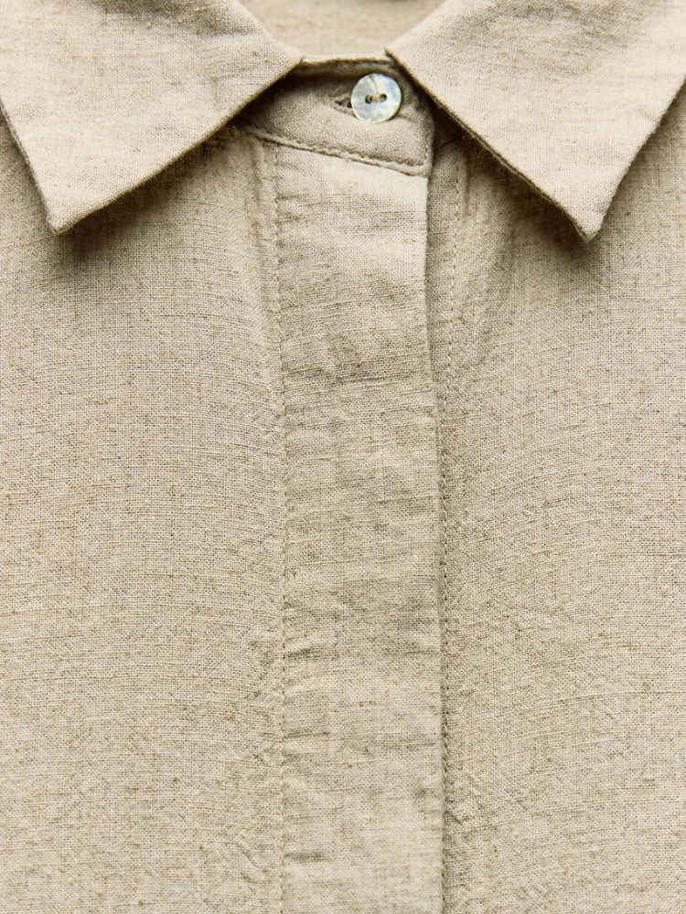 Camicia da Donna in Lino Pantaloni Abito Colletto con Bavero Maniche Lunghe Larghe Orlo Spacco Laterale Camicia Monopetto Allentata Tasche a Vita