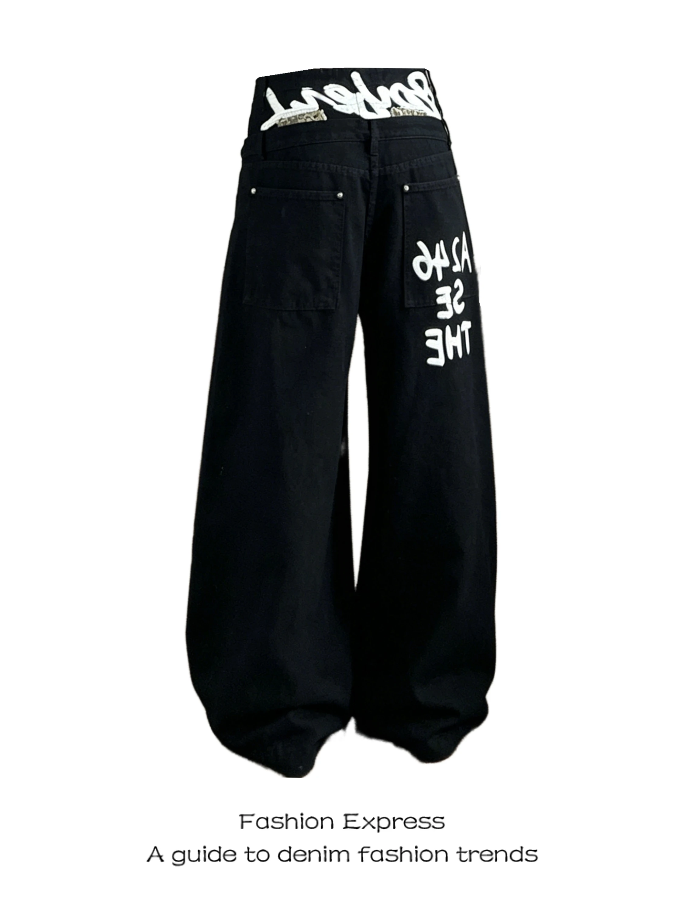 

Black Denim Jeans Women's New 2026 Double Waist Head Washed Print Wide Leg Loose Drapey Long Pants Heavy Duty Casual High Waist