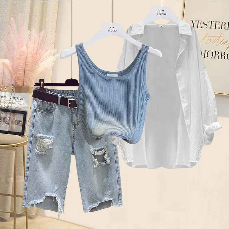 

plus Size Women's Denim orts Set Casual Hole Design irt And Vest Slimming Concealing Tee Piece Ensemble for Younger Women