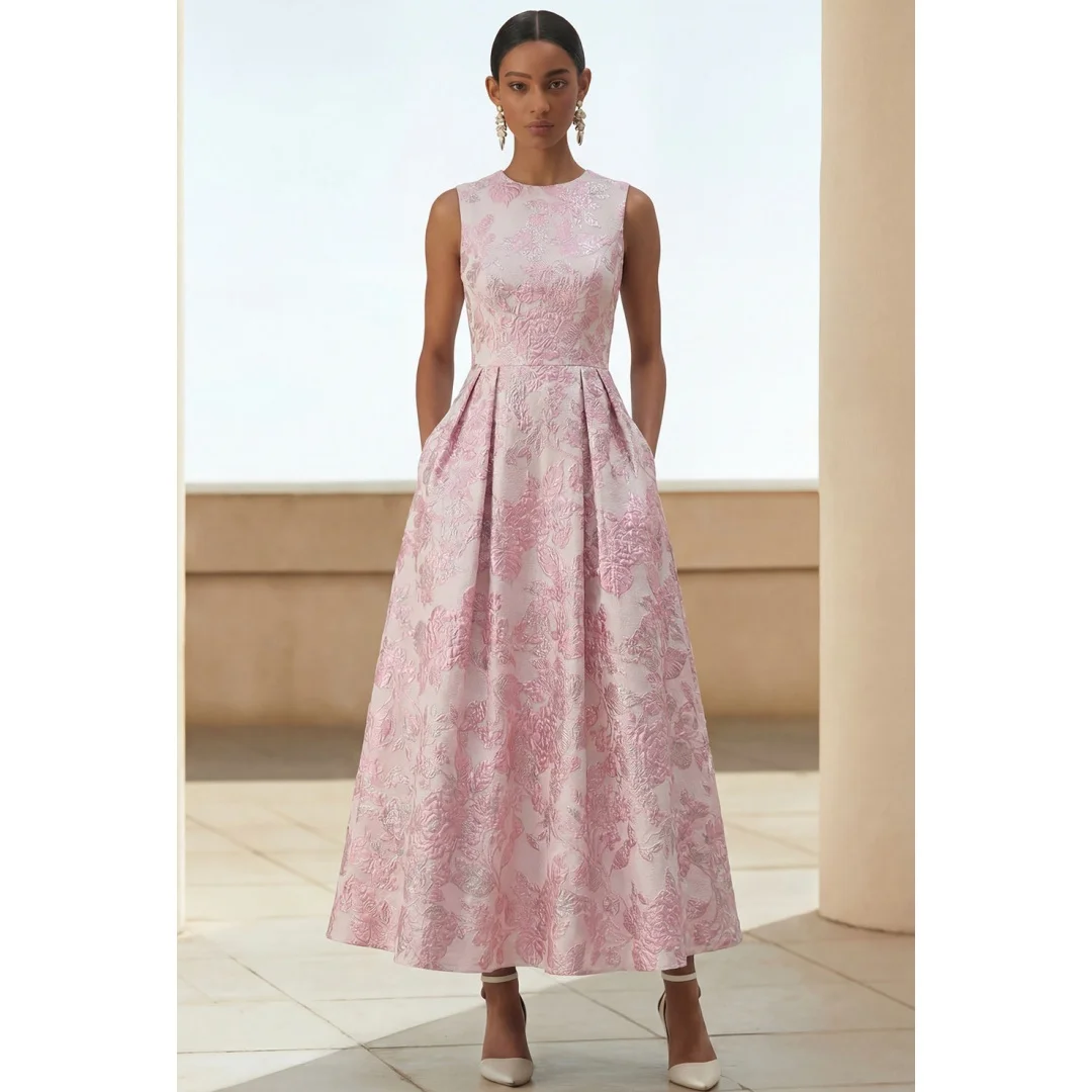 

Floral Satin O-neck Evening Dresses With Pockets Elegant Printed Women's Sleeveless A-line Ankle-Length Wedding Guest Prom Dress