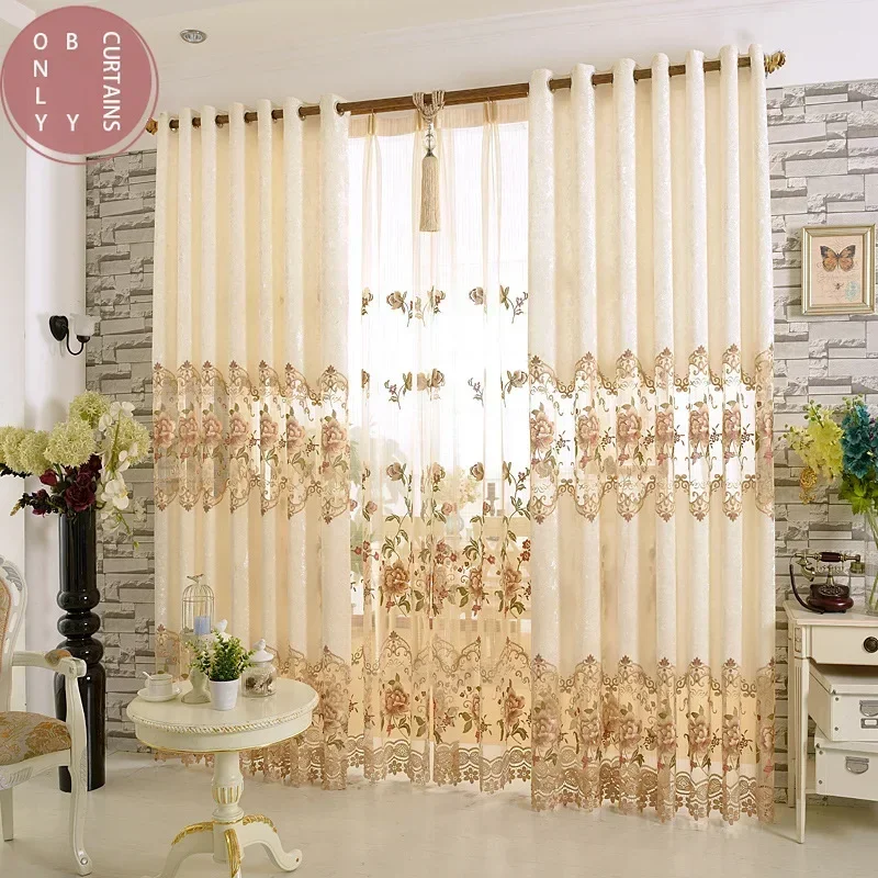 European Pastoral Living Room Water Soluble Embroidered Curtains for Living Room Bedroom Study Semi-blackout Curtains Custom