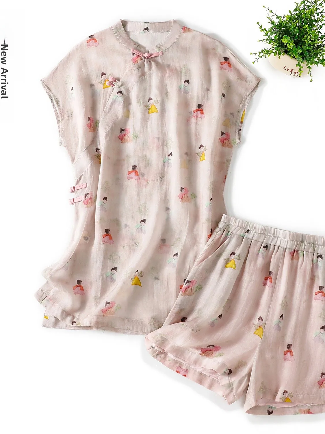 

Faionable Print Chinese Sle Set with Button Stand Collar Women's Top And orts Two-Piece Suit Elastic Waist ort Pants