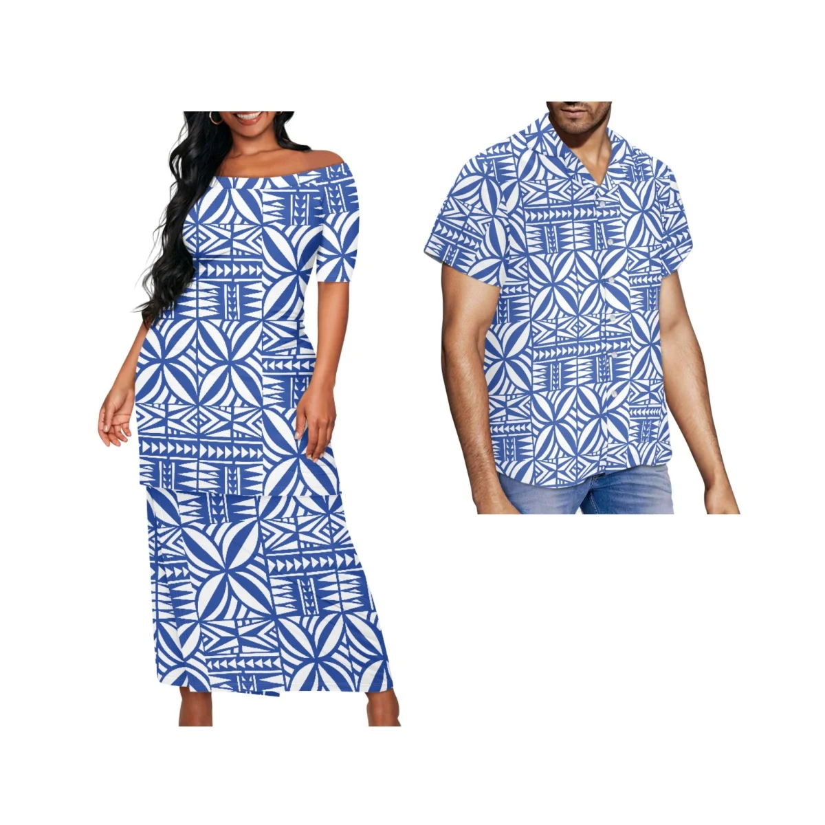 Polynesian New Ladies Puletasi Custom Matching Men'S Shirt Samoa Vintage Art Maxi Dress Set Samoa Couple Set image 2