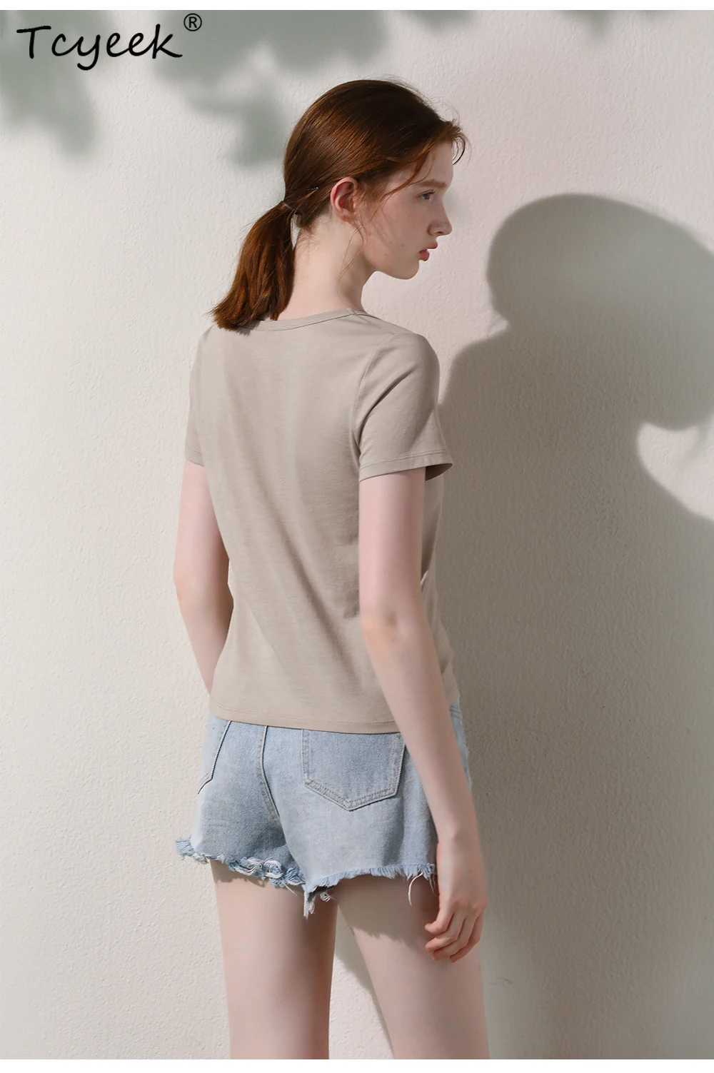 

Tcyeek, 10% Silk 90% Cotton Elegant T-Shirt, Women Short Sleeve UNeck Solid, Retro Commute Top, 2024 Summer Autumn T46648QM