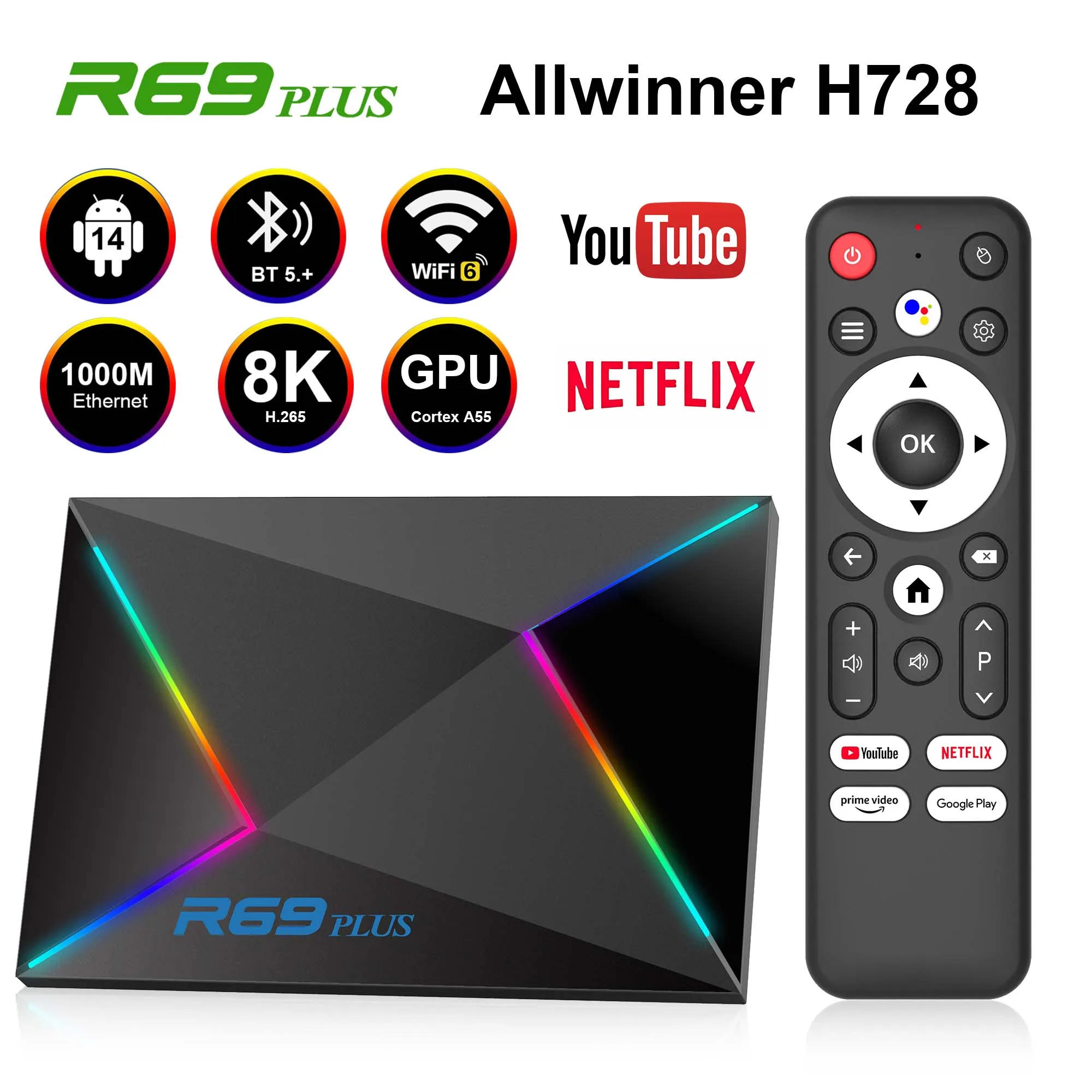 R69Plus Smart TV Box Android 14 AllwinnerH728 Chip WIFI 6 Support 8K BT5.+ YouTube Voice Google Assistant Streaming Media Player