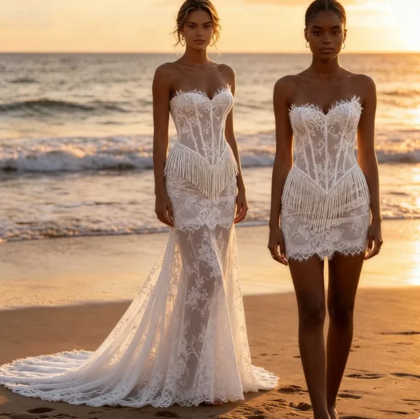 2 in1 Convertible Lace Wedding Dress 2026 Bohemian Elopement Beach Short Mini Bridal Gowns With Removable Train Corset Fringe