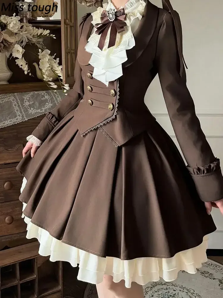 Fall Winter Vintage French Elegant Lolita Japanese Women's 3 Pieces Set Brown Jacket + White Shirt + Midi Skirt Harajuku Outfits