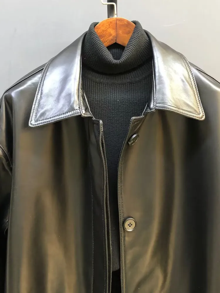 Koreanischen Stil Damen Echtes Leder Einreiher Einfarbig Trenchcoat Revers Lange Ärmel Freizeit Lose Schaffell Jacke