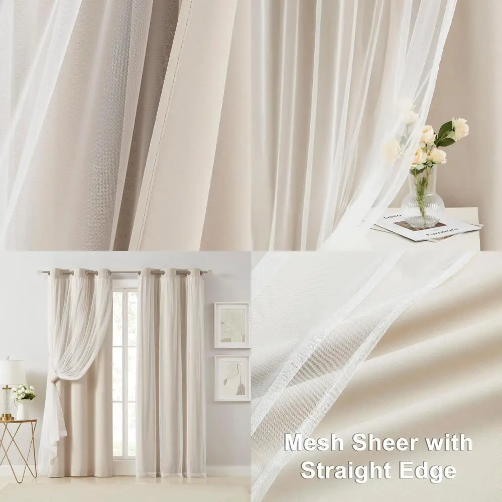 

Beige 90% Blackout Double Layer Curtains with Sheer, 84 Grommet Top, 37 Wide, for Living Room & Bedroom
