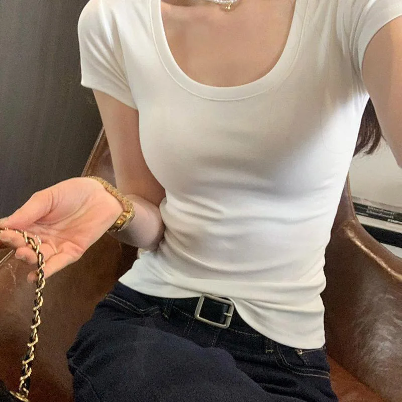 Camiseta informal de algodón para mujer, camisetas de manga corta, ropa de moda para mujer, camiseta básica ajustada con