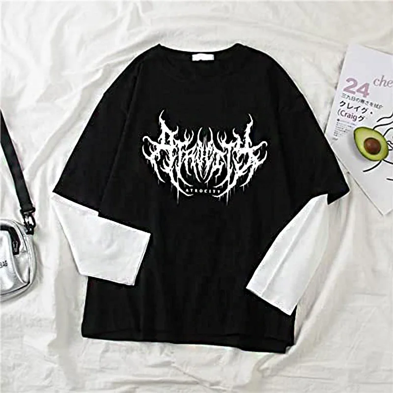 2026 Summer New Dark Graphic Print Pullover Top Korean Loose Faux Two Piece Long Sleeve T Shirt Women Casual Streetwear