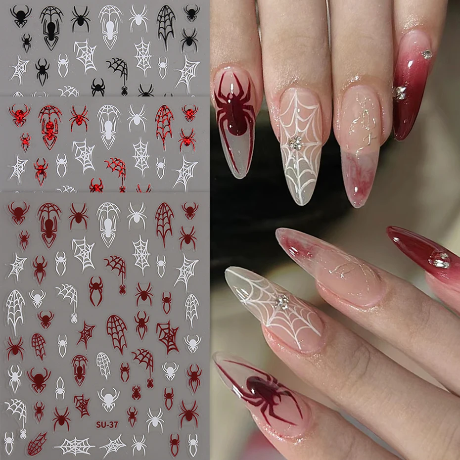 Halloween Red Spiders Nail Stickers Laser-red Black White Spider Web Cool Girls Design Halloween Night DIY Manicure Decals#SU-37