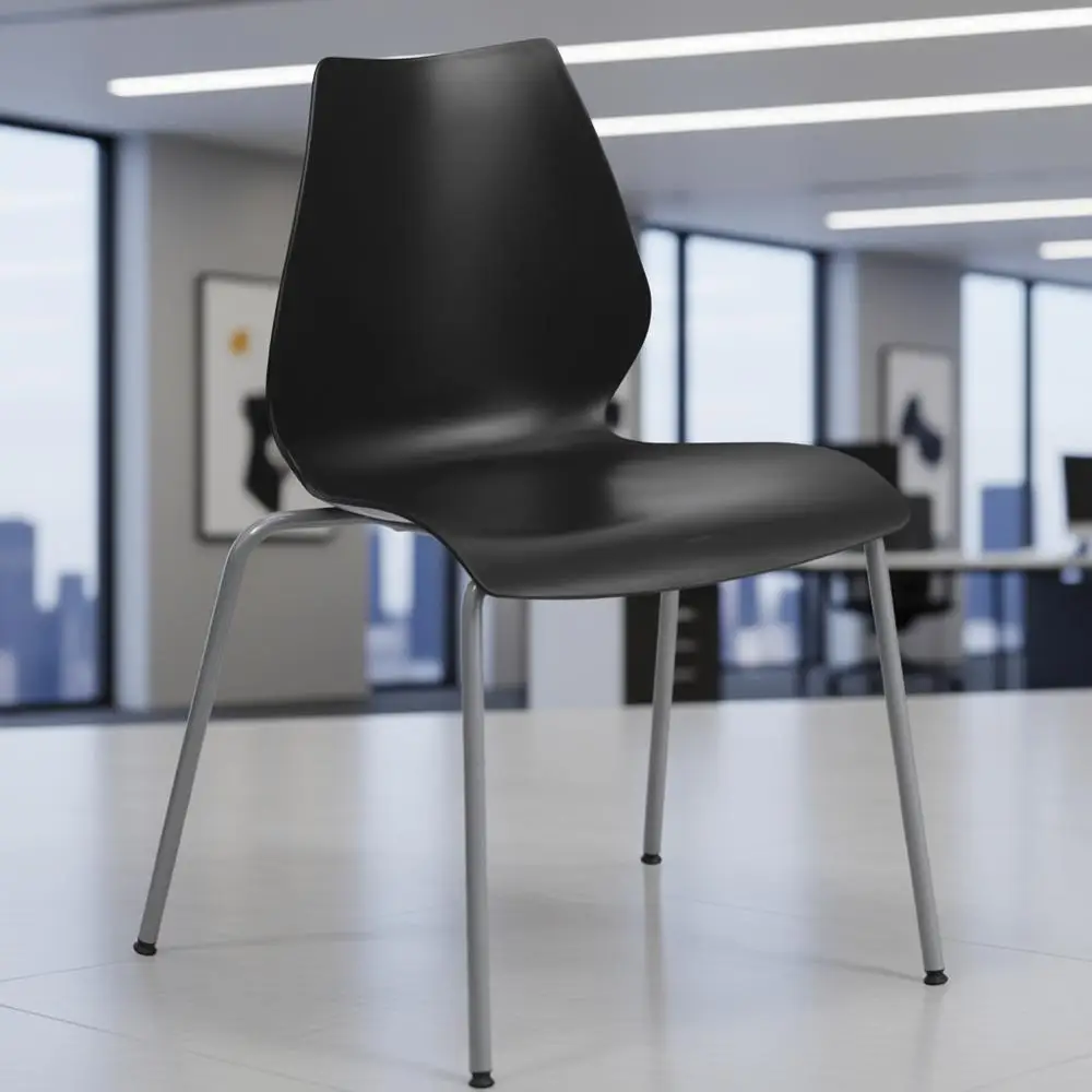 

770 lb. Capacity Black Stackable Chair with Lumbar Support and Silver Accent