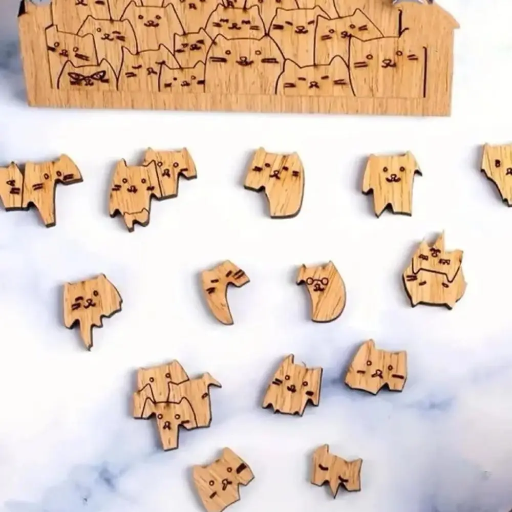 Children Adult Cat Shape Hundred Cat Puzzle Challenging Irregular Wooden Jigsaw Brain Teaser Cartoon Animal Puzzle
