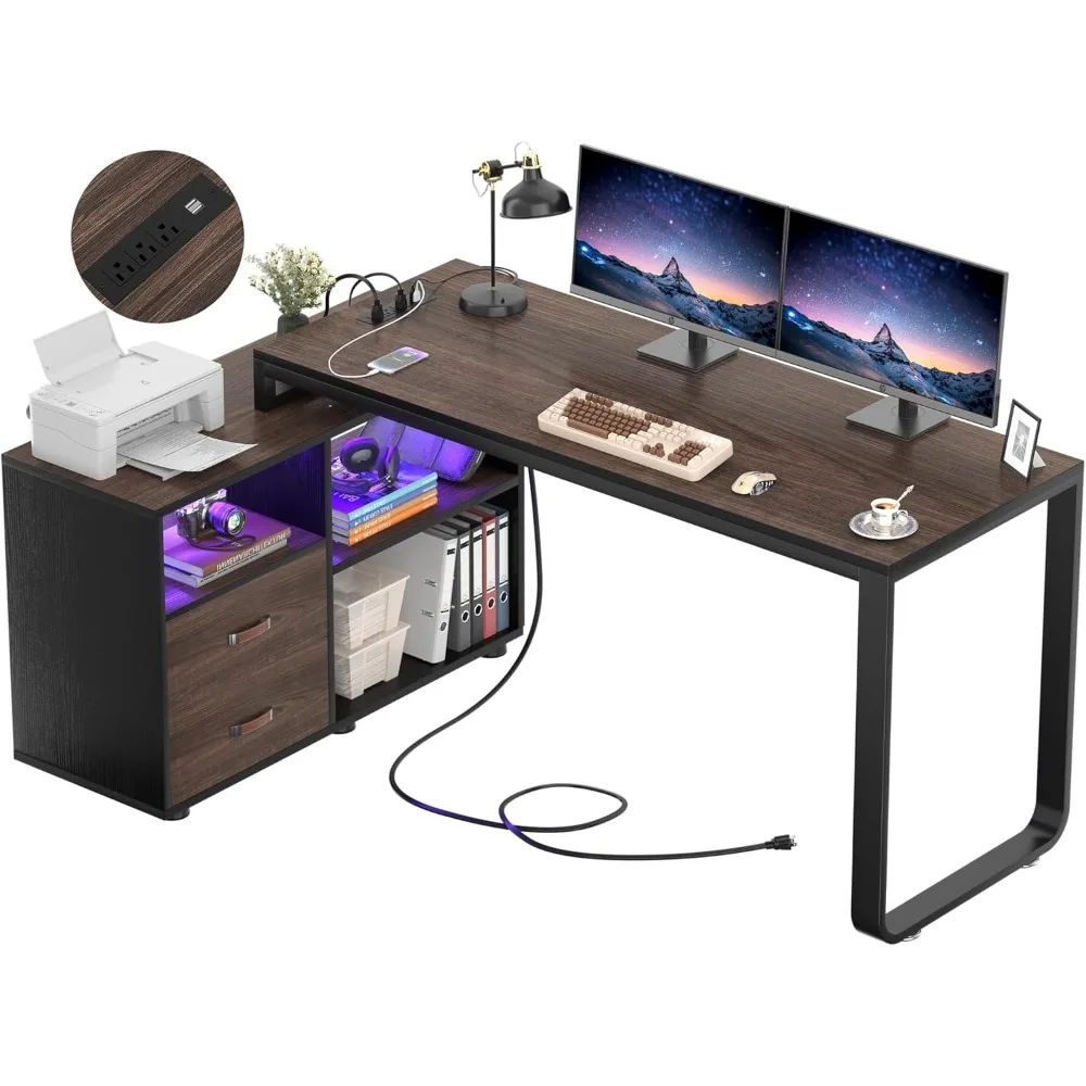 

L Shaped Desk with File Cabinet & Power Outlet, Reversible 55 Inch Large Corner Computer Desks with LED Strip, L-Shaped Computer