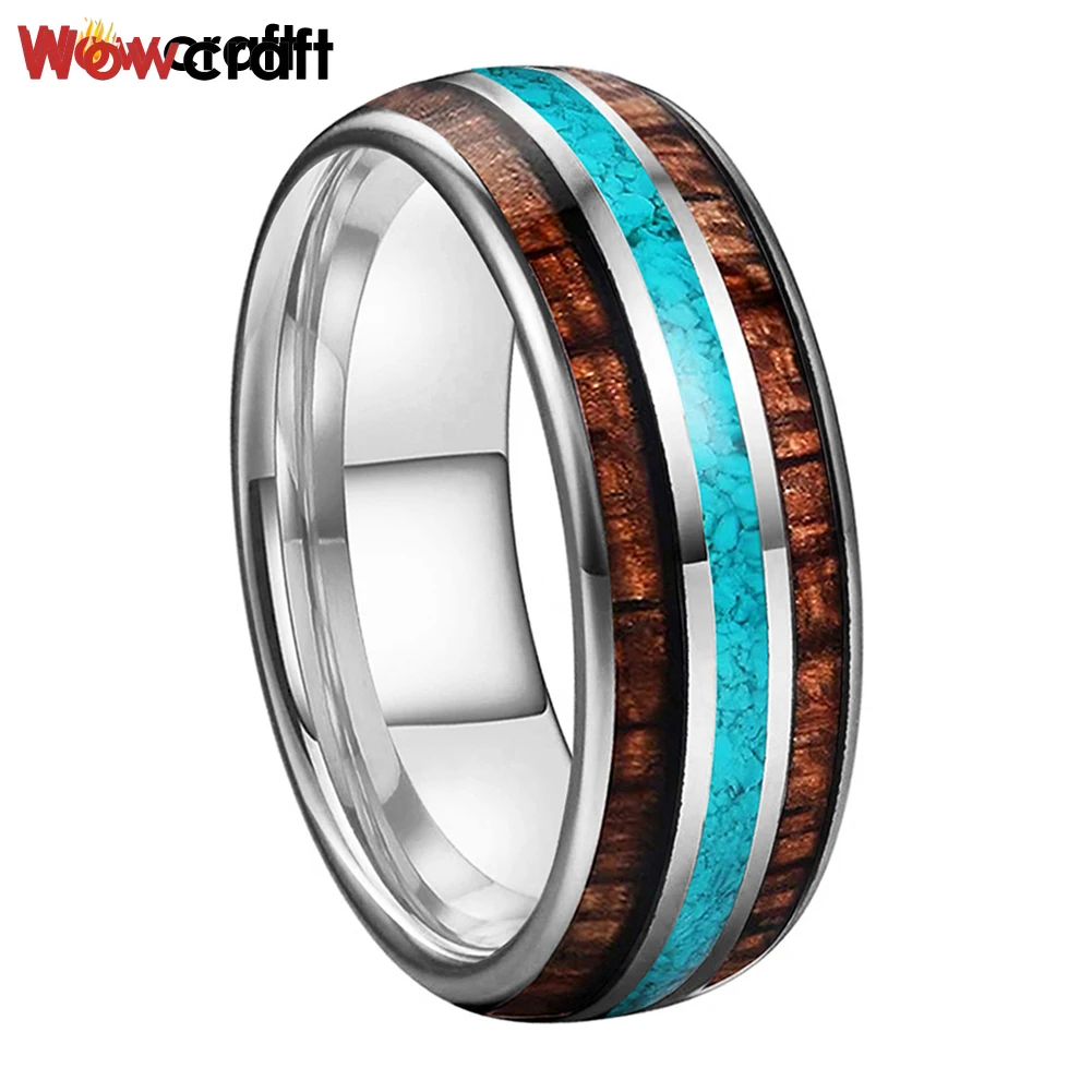 Fashion Tungsten Carbide Rings Turquoise Wood Inlay Wedding Bands Polished Shiny Domed Comfort Fit Size 6-15