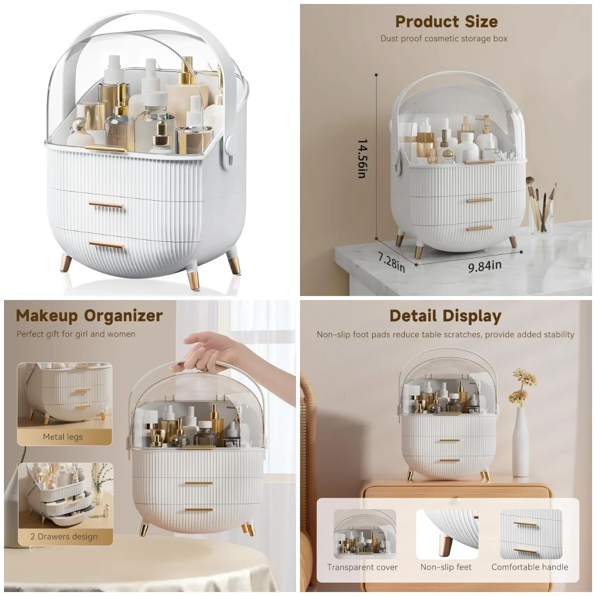 

Makeup Organizer with Drawers, Transparent Cover, White for Vanity or Bathroom