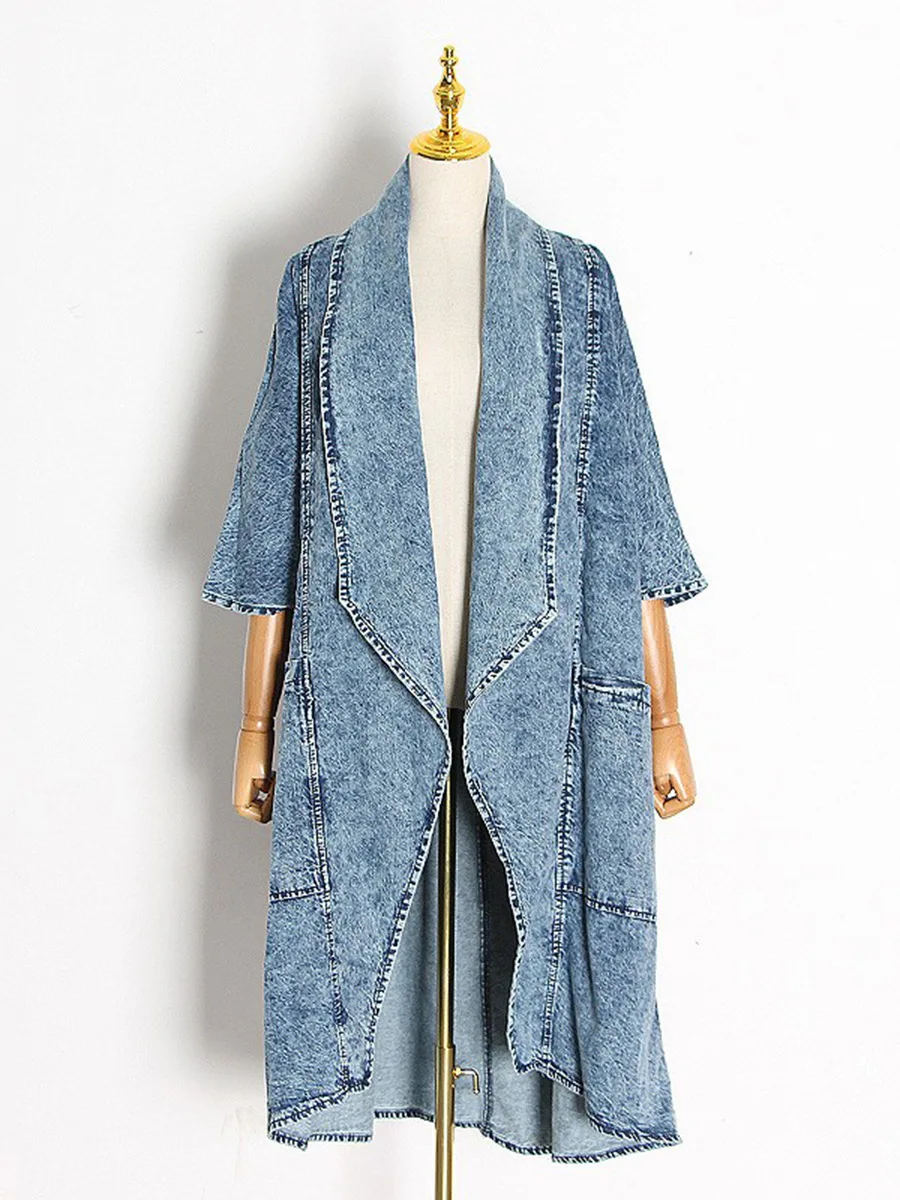 Denim Windbreaker Women Suit Blue Long Blazer Loose Prom Dress Hot Girl Jacket Coat Autumn Casual Daily Outfit