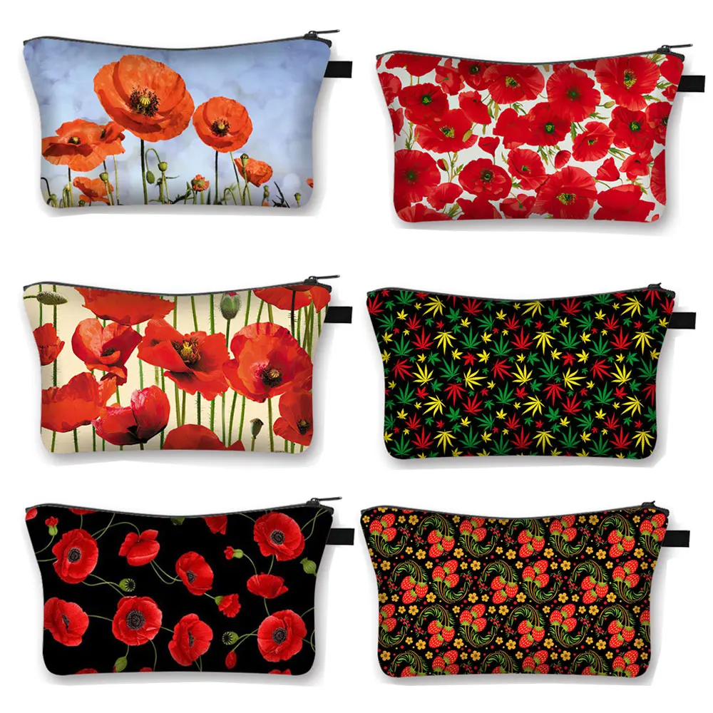 Beautiful Red Poppy Flower Print Cosmetic Case Small Clutch Women Toiletries Organizers Hip Hop Cosmetic Bags Cute Makeup Bag