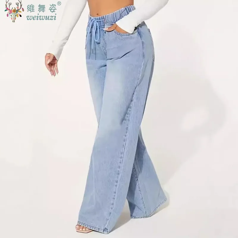 

Wide Leg Denim Pants JEANS for Women Vintage Floor-Length High Waist Pants Drawstring Practical Causal Streetwear Wash Trousers