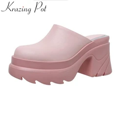 Krazing Pot Genuine Leather Mules Round Toe Slingback Increasing Casual Super High Heels Waterproof Summer Slip On Women Pumps