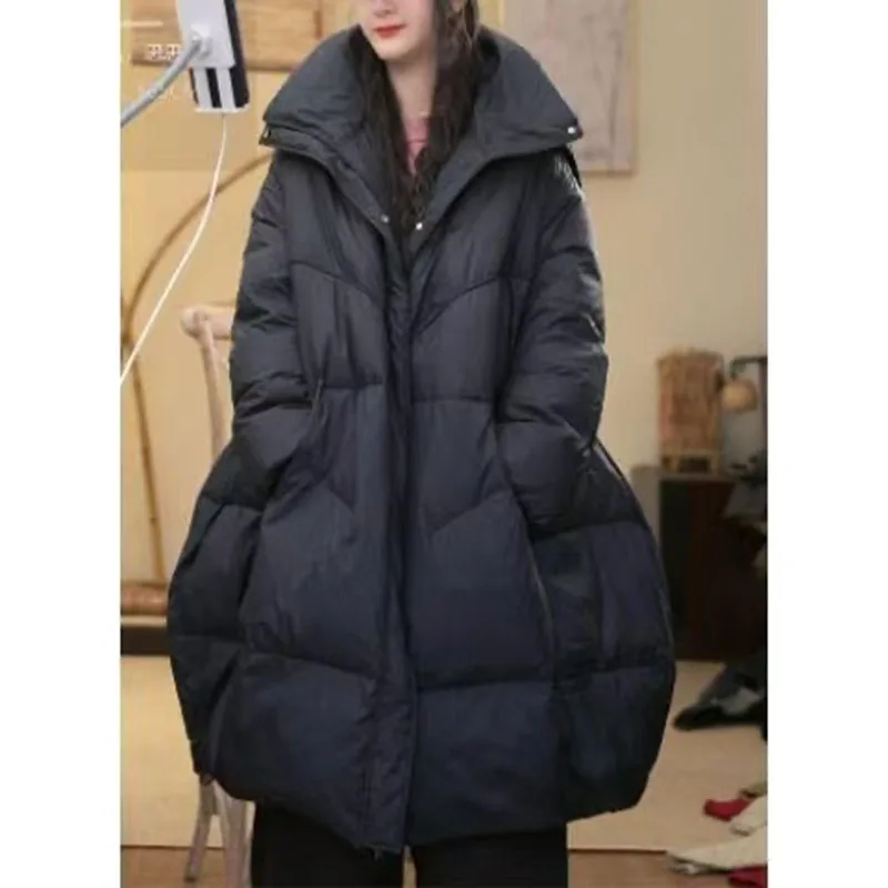 سترة باركر بقلنسوة عصرية للنساء فضفاضة كبيرة الحجم وجيوب دافئة وسميكة معطف منتفخ للسيدات ملابس خارجية طويلة من الريش #4