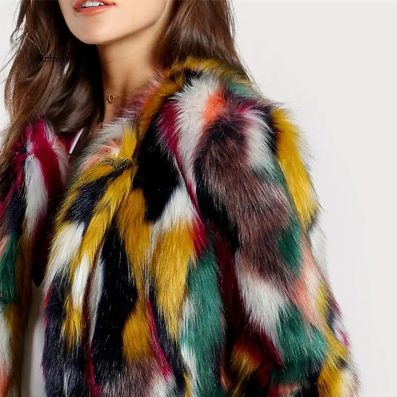 Manteau en fausse fourrure multicolore pour femme, ample et chaud, à manches longues, vêtements d'extérieur assortis, à la mode, hiver