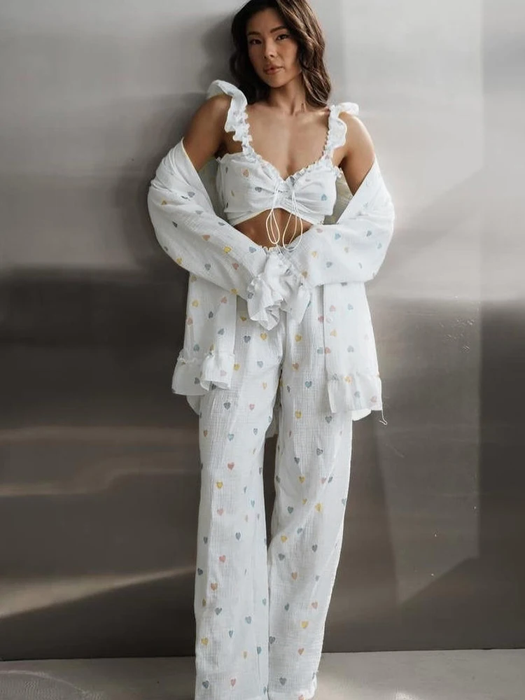 Linad Loose Women\'s Home Clothes 3 Piece Sets Print Long Sleeve Pajamas Female Bra Cotton Suits With Shorts Summer Sleepwear